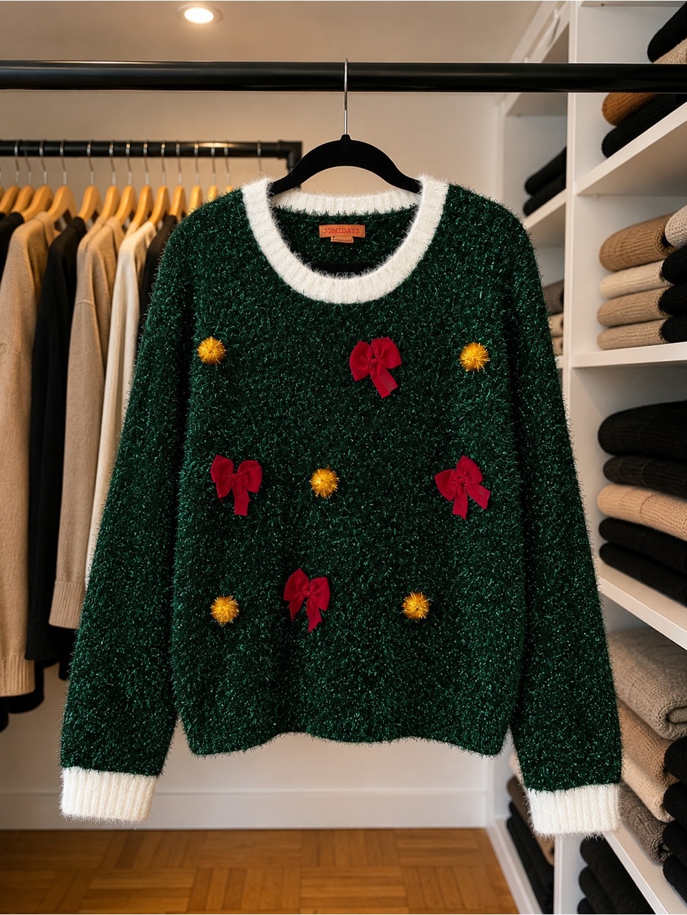 Forest Green Cozy Holiday Sweater with Red Bows
